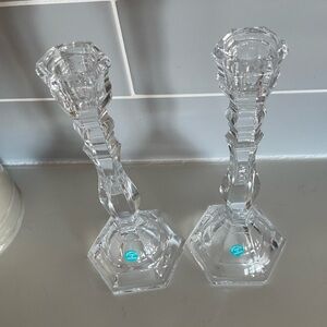 Tiffany & Co. Crystal Candlestick Holders - Hexagon Base - 9" Pair